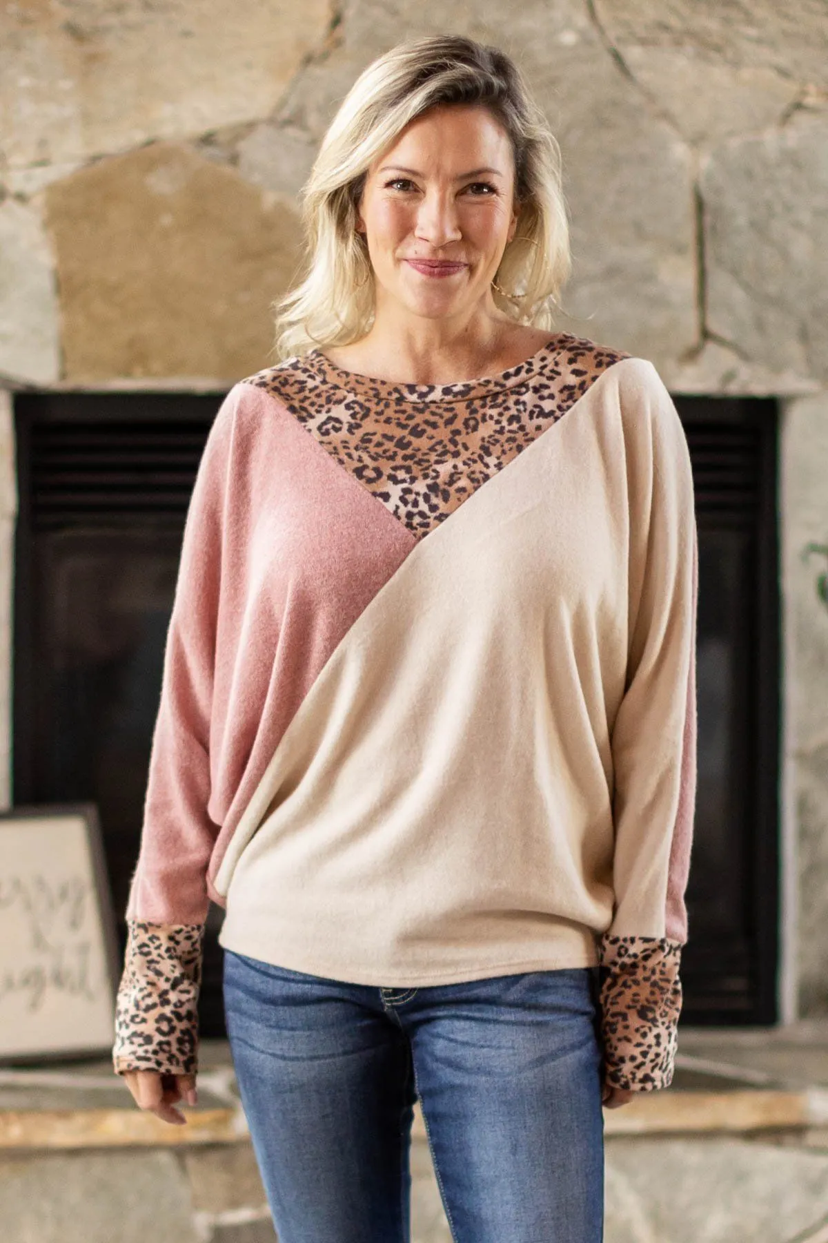 Tan and Mauve Colorblock Top with Animal Print