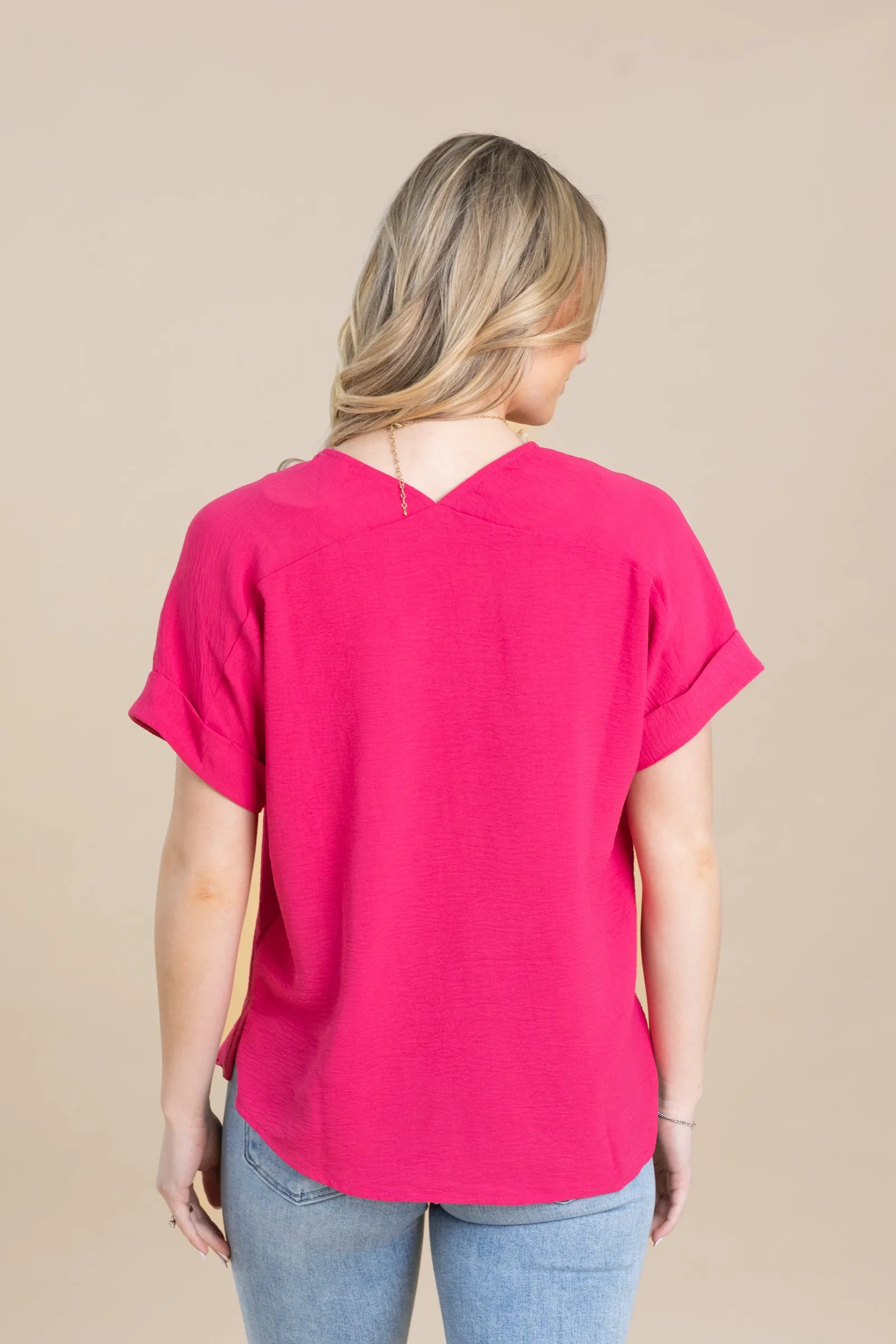 V-Neck Roll Up Woven Loose Fit Top