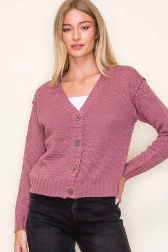 Waffle Textured V Neck Button Down Sweater