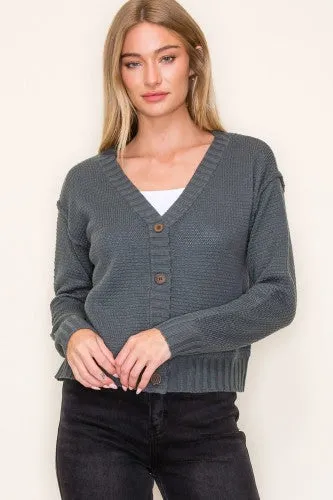 Waffle Textured V Neck Button Down Sweater