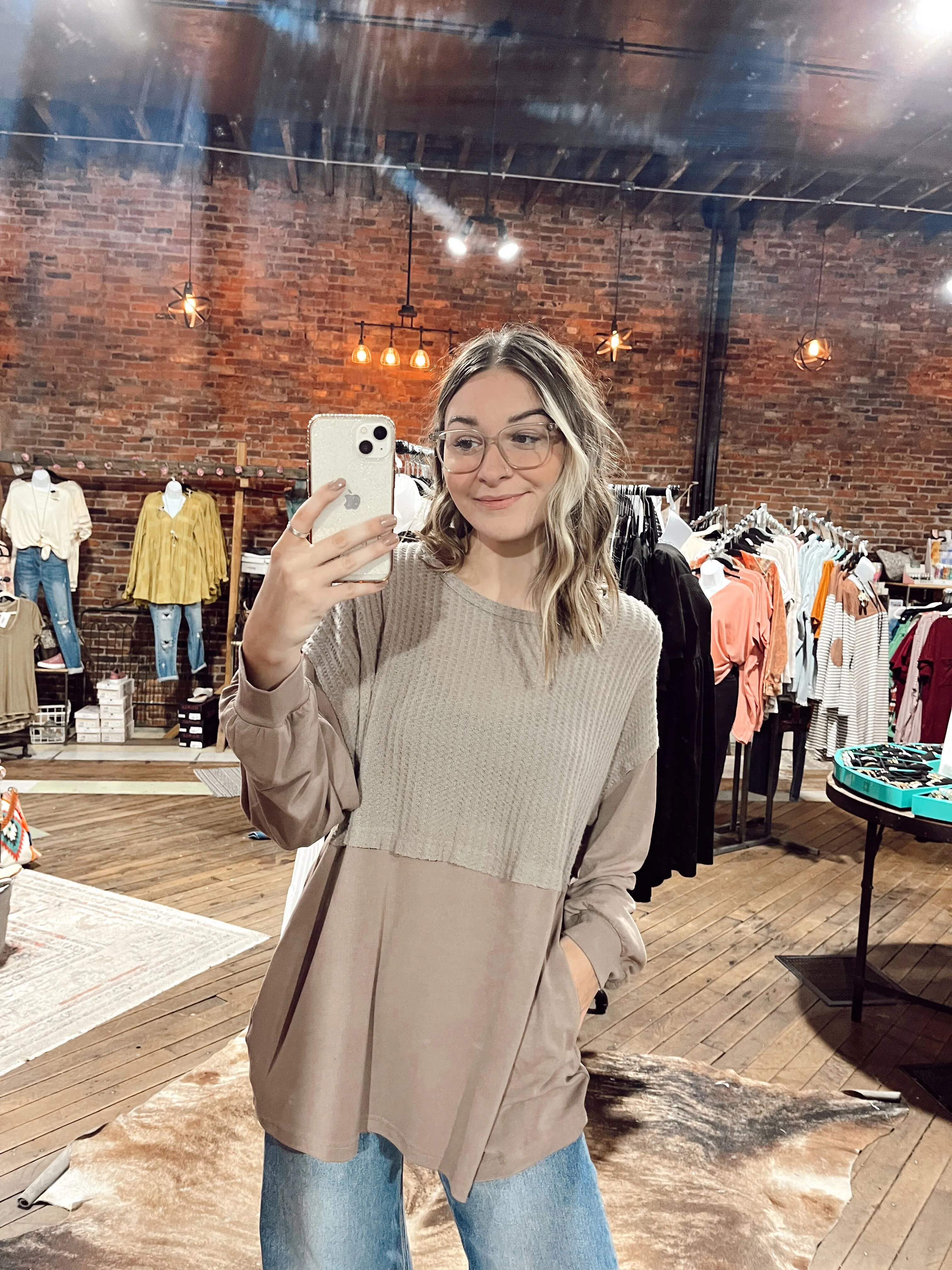 Waffle Top Contrast L/S Round Neck