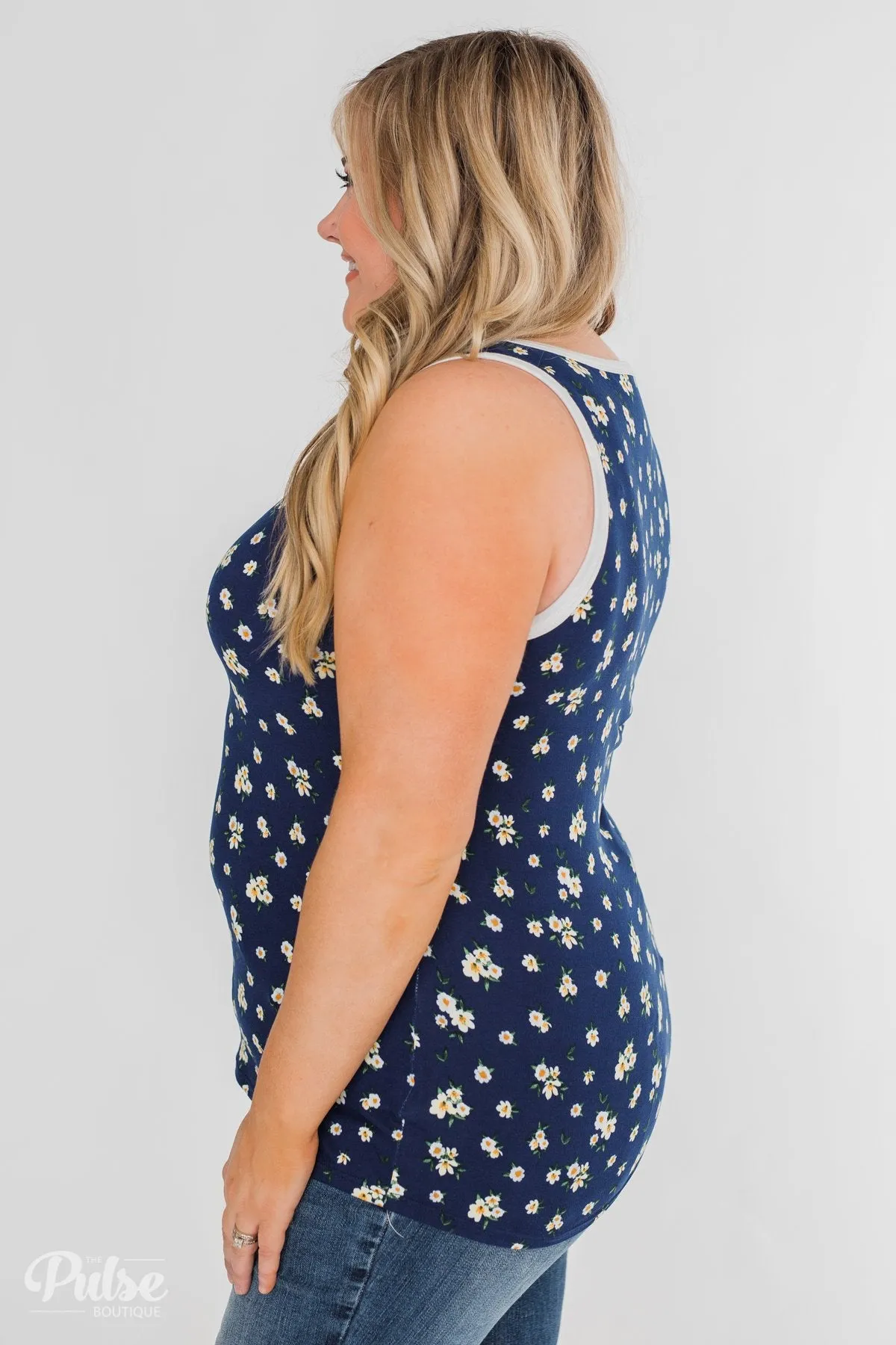 Walk Through The Wildflowers V-Neck Tank Top- Navy