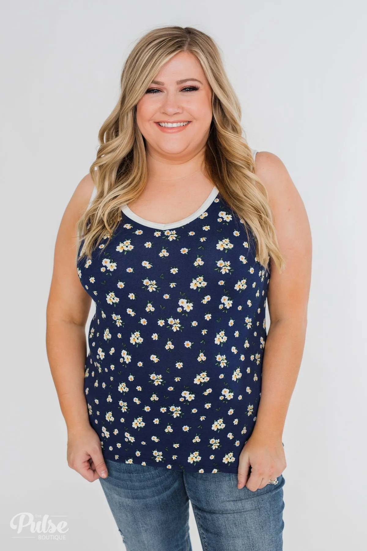 Walk Through The Wildflowers V-Neck Tank Top- Navy