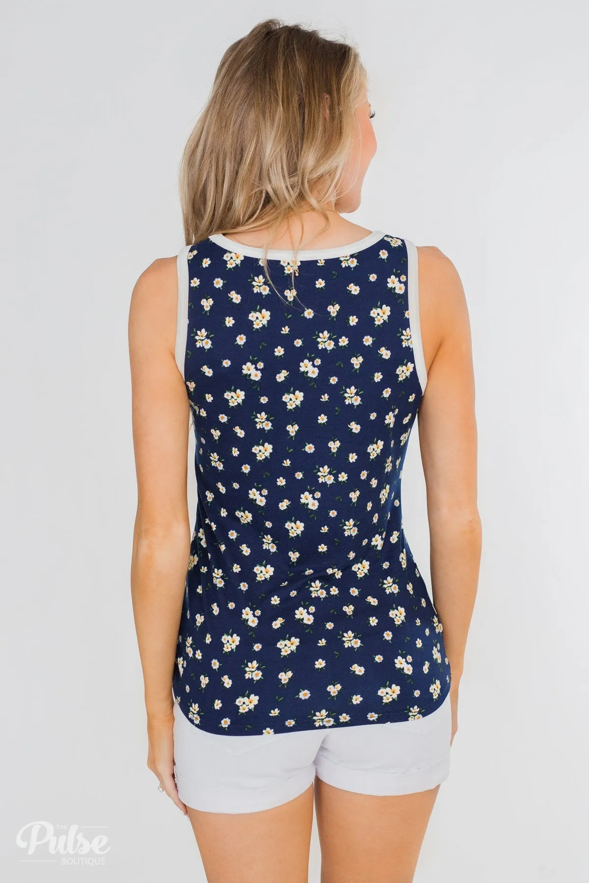 Walk Through The Wildflowers V-Neck Tank Top- Navy