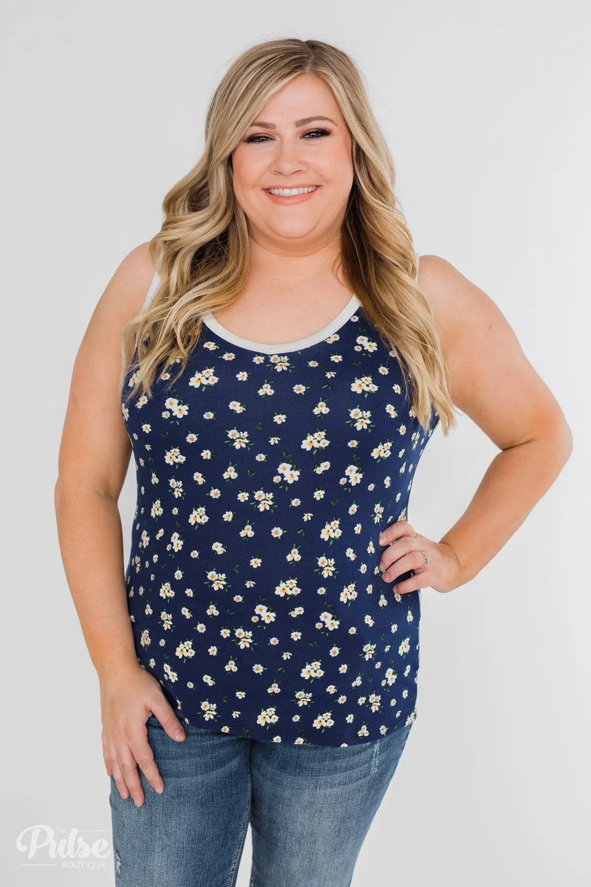 Walk Through The Wildflowers V-Neck Tank Top- Navy