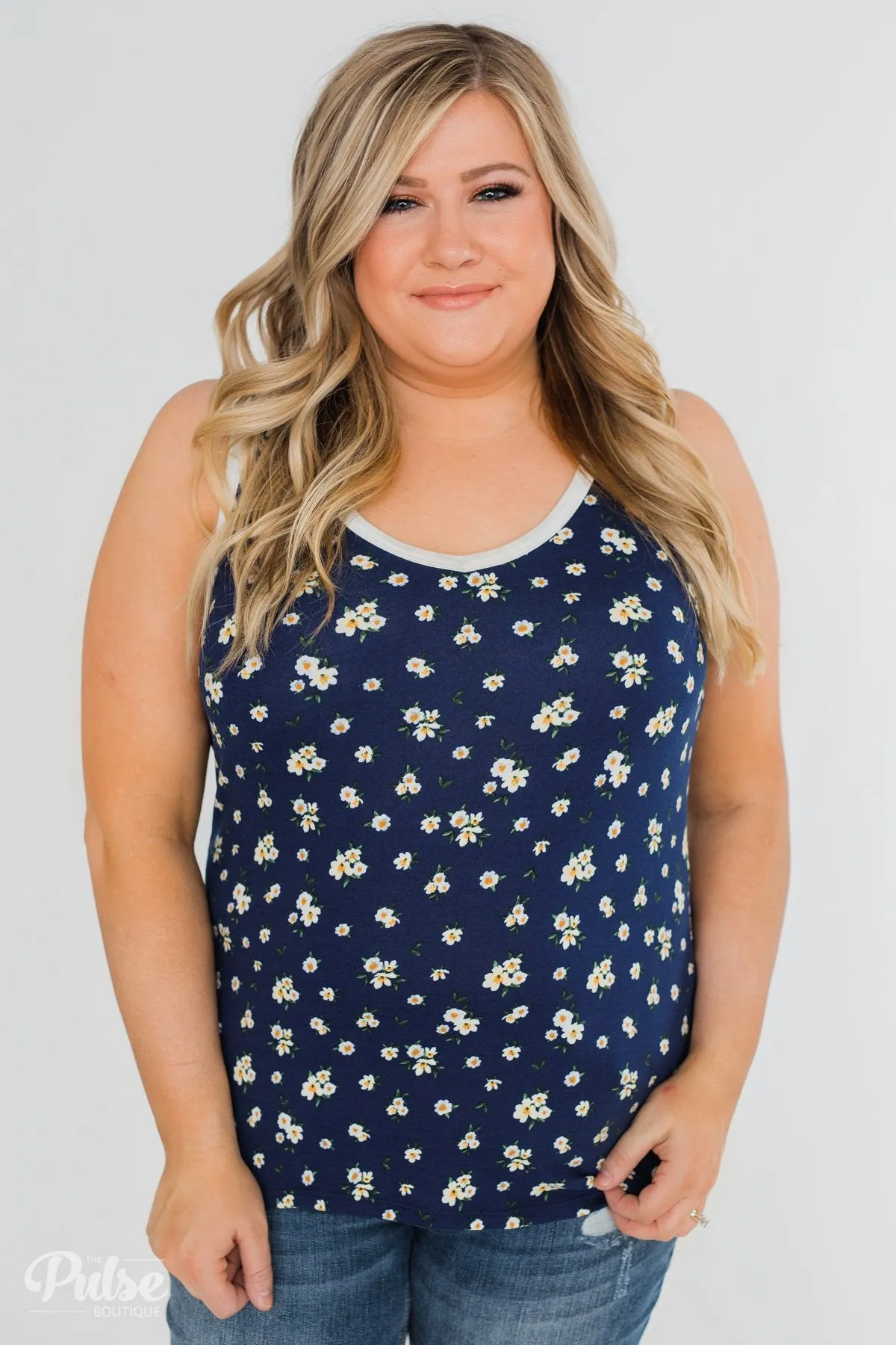Walk Through The Wildflowers V-Neck Tank Top- Navy