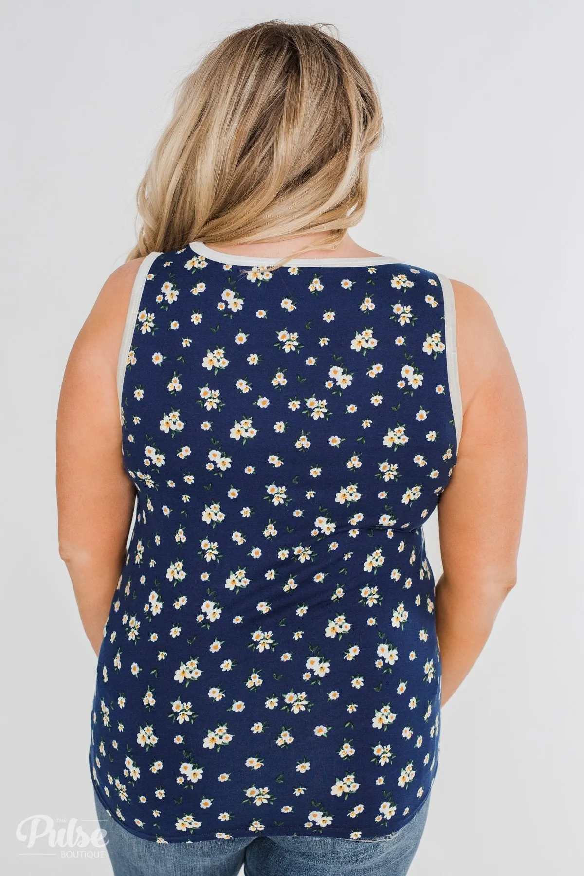 Walk Through The Wildflowers V-Neck Tank Top- Navy