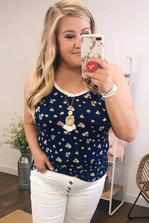 Walk Through The Wildflowers V-Neck Tank Top- Navy