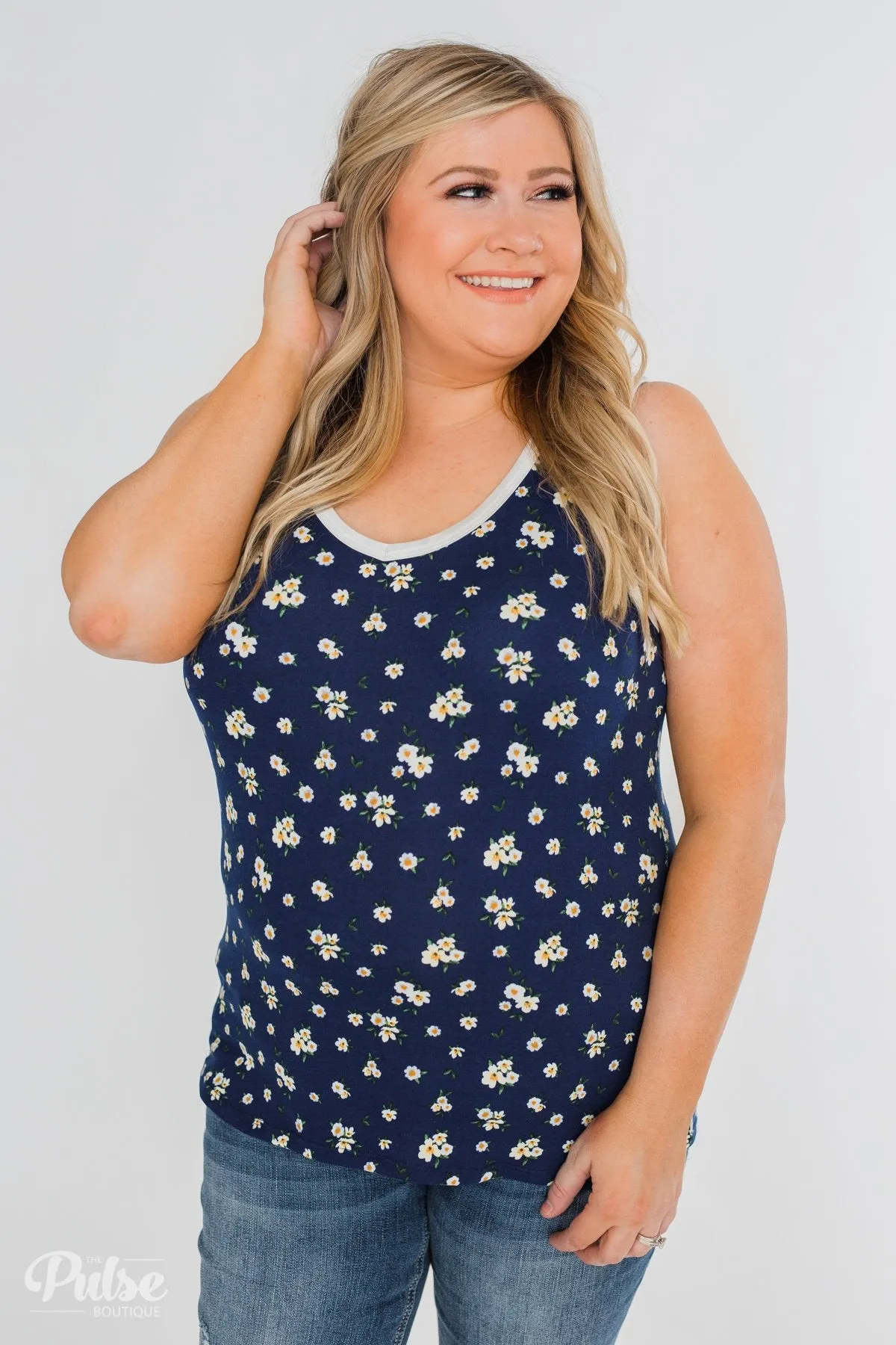 Walk Through The Wildflowers V-Neck Tank Top- Navy