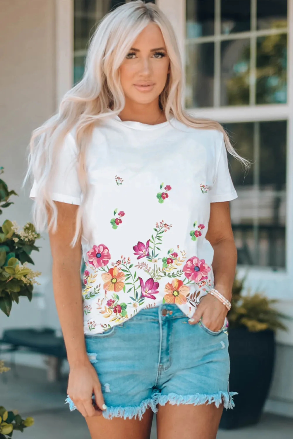 White Family Matching Adult Flower Printed Crew Neck T Shirt