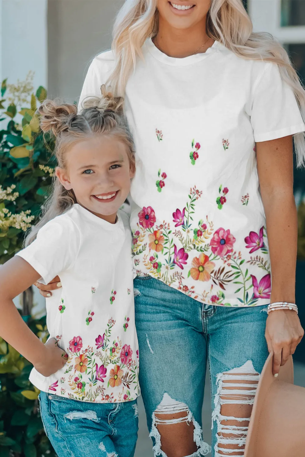 White Family Matching Adult Flower Printed Crew Neck T Shirt