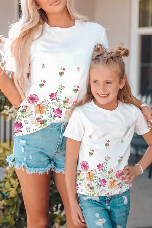 White Family Matching Adult Flower Printed Crew Neck T Shirt