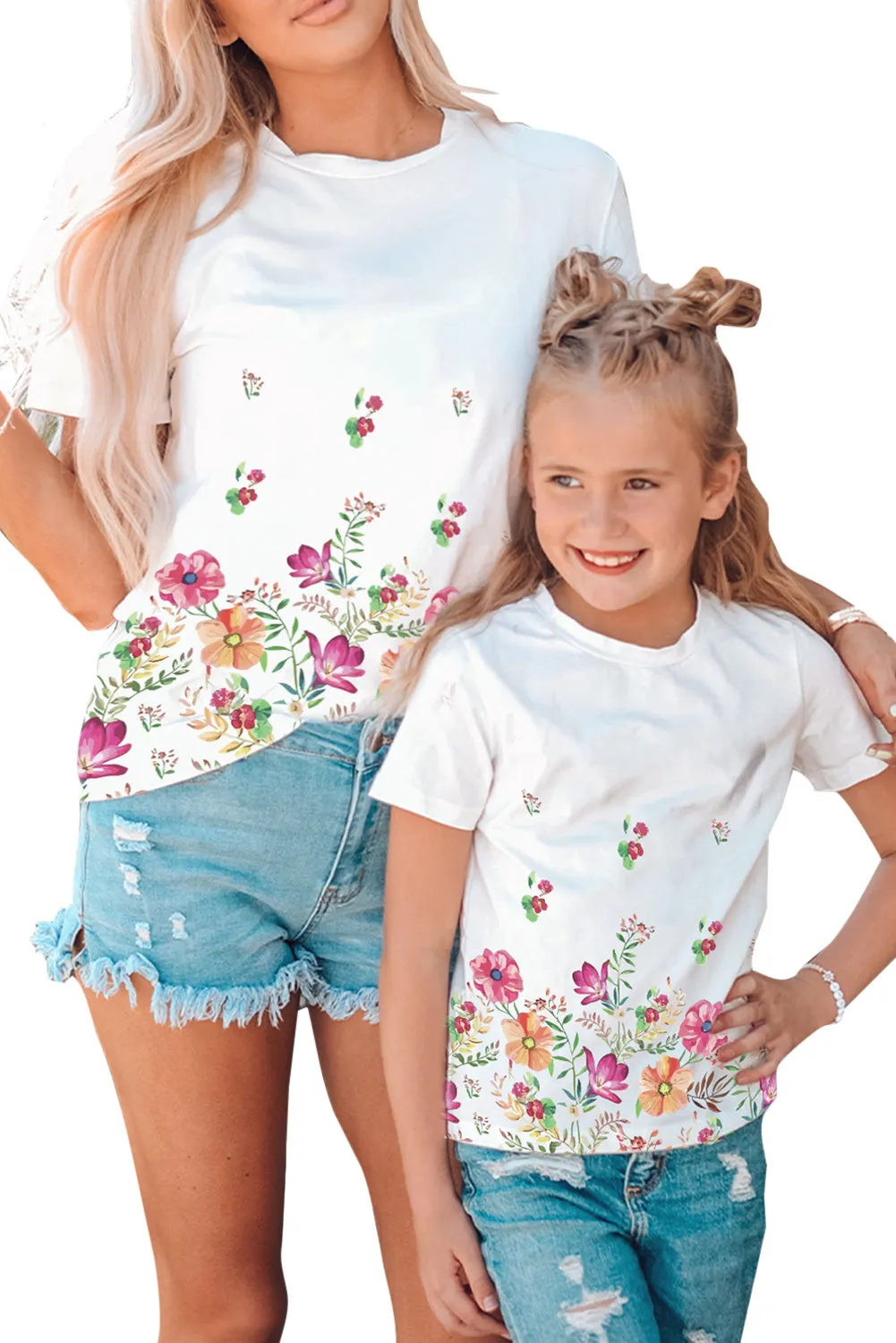 White Family Matching Adult Flower Printed Crew Neck T Shirt