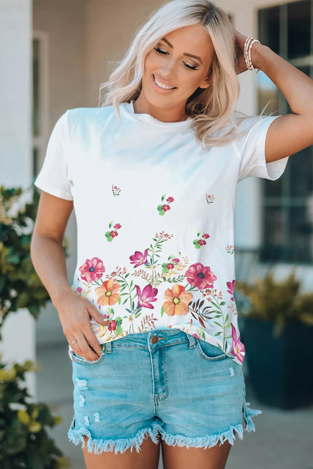 White Family Matching Adult Flower Printed Crew Neck T Shirt
