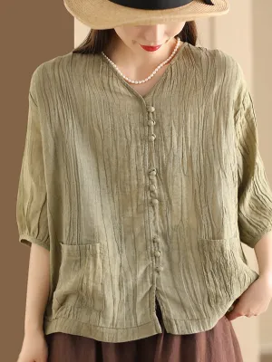 Women Spring Vintage Pure Color V-Neck Linen Shirt