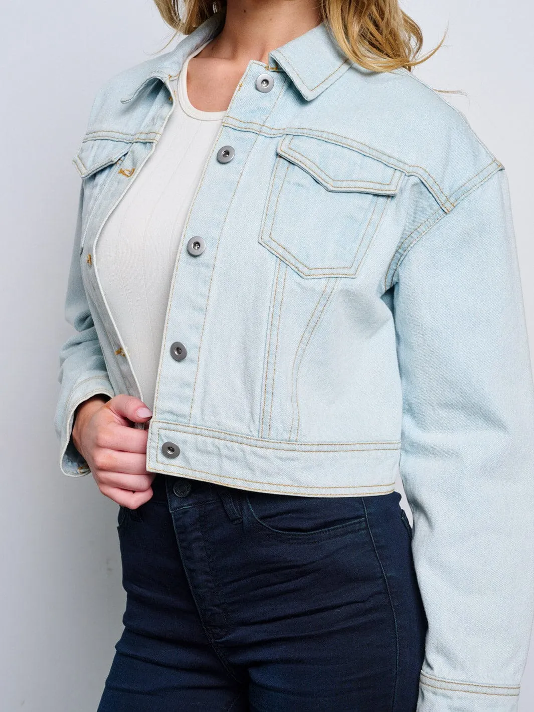 WOMEN'S LONG SLEEVE POCKETS BUTTON UP DENIM JACKET
