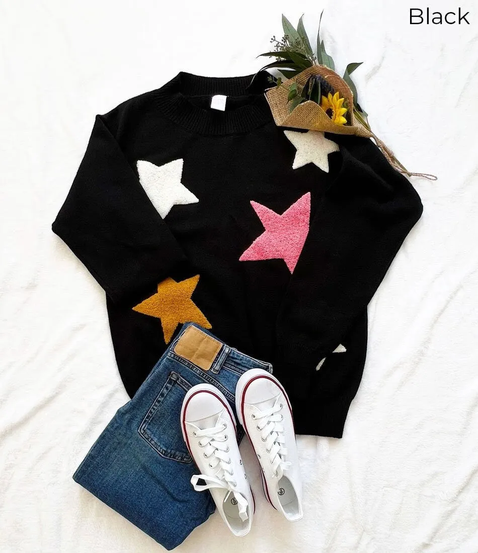 Women's Star Print One Shoulder Oversized Loose Fit Long Sleeve Pullover Sweater Top- Perfect Gift for mom and winter, Black Sweater Gifts
