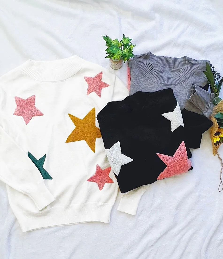 Women's Star Print One Shoulder Oversized Loose Fit Long Sleeve Pullover Sweater Top- Perfect Gift for mom and winter, Black Sweater Gifts