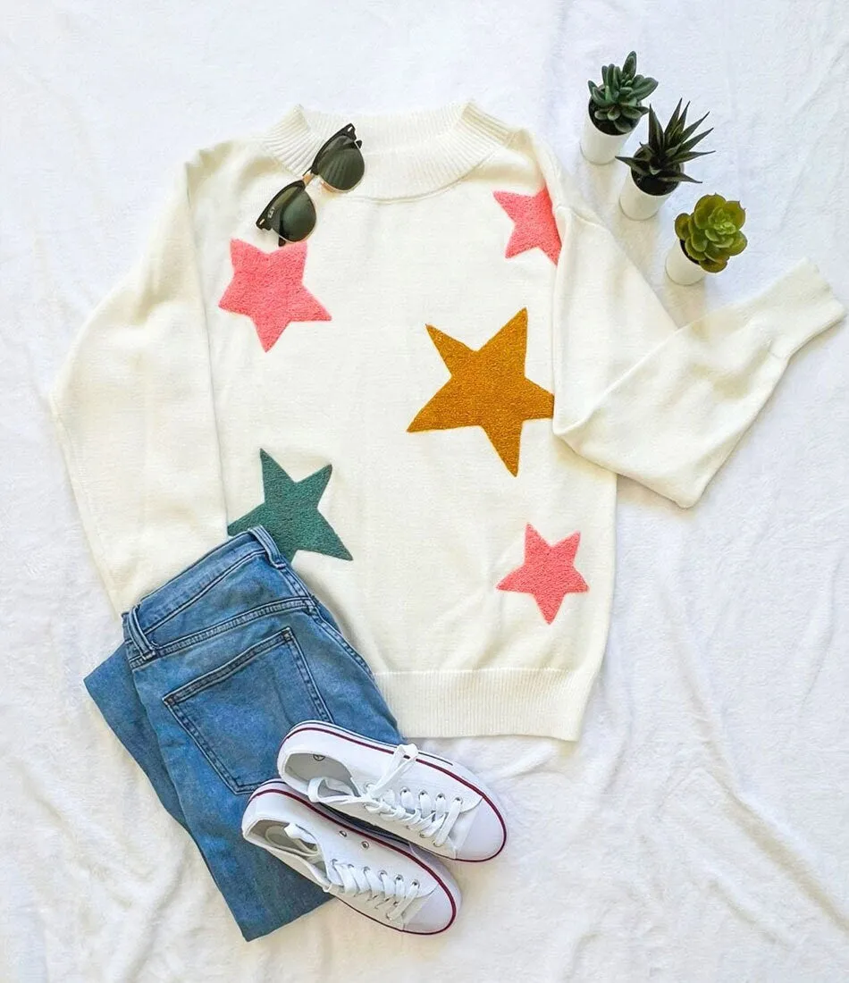 Women's Star Print One Shoulder Oversized Loose Fit Long Sleeve Pullover Sweater Top- Perfect Gift for mom and winter, Black Sweater Gifts