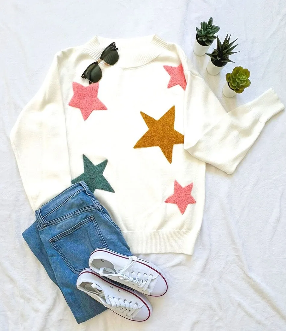 Women's Star Print One Shoulder Oversized Loose Fit Long Sleeve Pullover Sweater Top- Perfect Gift for mom and winter, Black Sweater Gifts