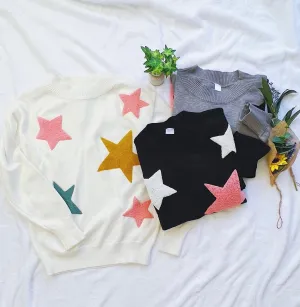 Women's Star Print One Shoulder Oversized Loose Fit Long Sleeve Pullover Sweater Top- Perfect Gift for mom and winter, Black Sweater Gifts