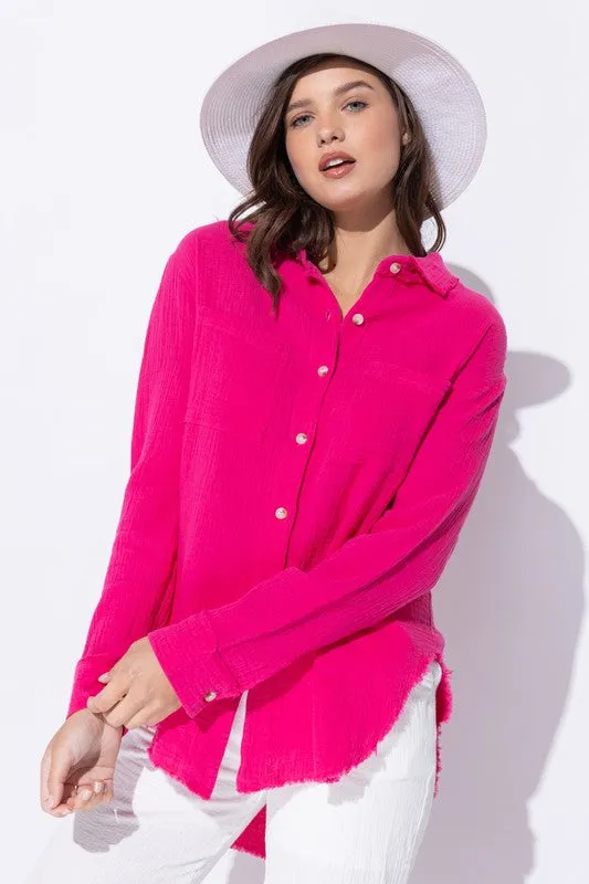 Wrinkled Gauze Button Down Shirt With Rough Edging